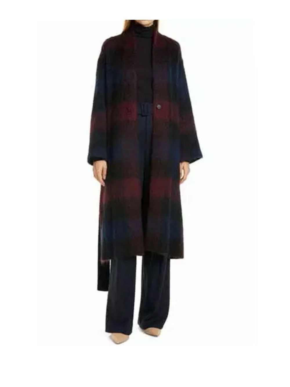Vince Long Plaid Open Front Coatigan in Navy and Burgundy